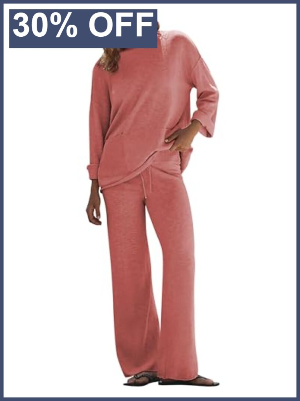 Womens Cotton Knit Sweater Set Long Sleeve Top Wide Leg Pants Lounge